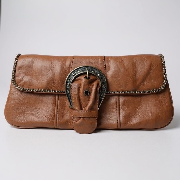 Betsey Johnson Vintage Tan Soft Leather Bronze Tone‎ Horseshoe Hardware Clutch - Picture 1 of 8